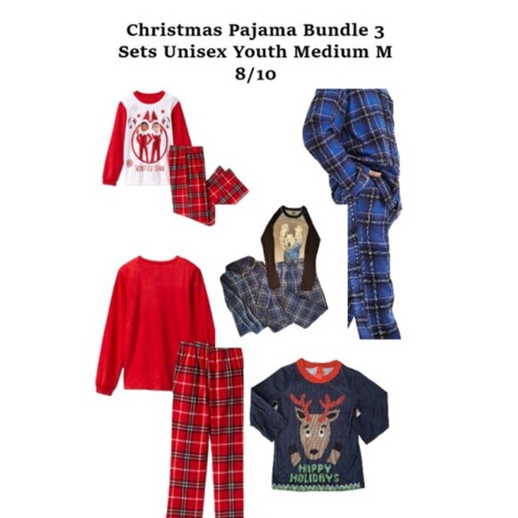 Christmas Pajama Bundle 3 Sets Unisex Youth Medium M 8/10 Elf Reindeer Snowman - Picture 1 of 16